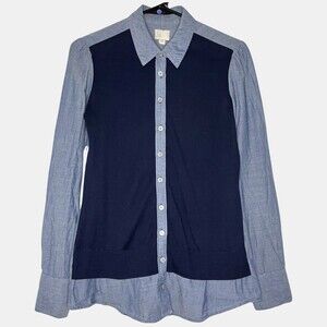 Anthropologie Postmark Womens Top 00 Blue Chambray Knit Button Up Long Sleeve